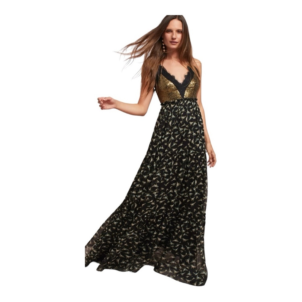 Anthropologie Rana Gill Maxi Dress NWOT Size 0 black floral print